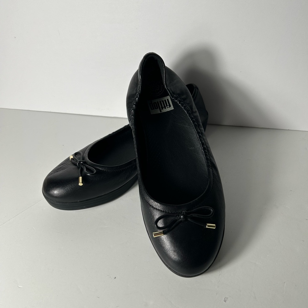 Fitflop Superbendy Flats Womens 8.5 US Black Ballerina Bow Slip On Leather Shoes